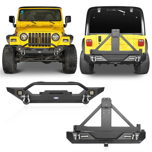 Hooke Road Different Trail Front Bumper and Explorer Rear Bumper Combo with Tire Carrier for Jeep Wrangler TJ 1997-2006  u-Box BXG.1010+BXG.1012 1