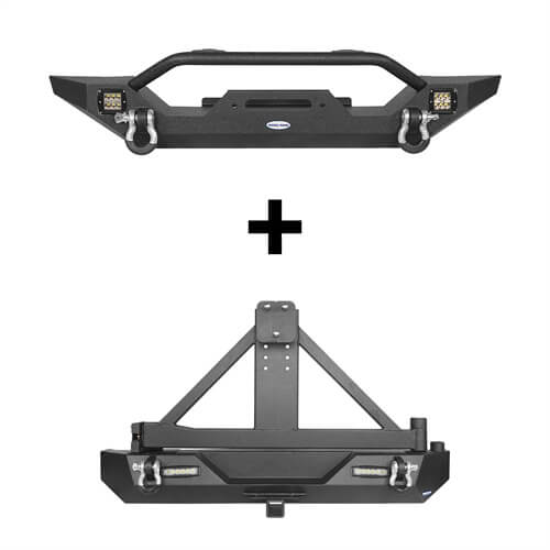 Hooke Road Different Trail Front Bumper and Explorer Rear Bumper Combo with Tire Carrier for Jeep Wrangler TJ 1997-2006  u-Box BXG.1010+BXG.1012 2