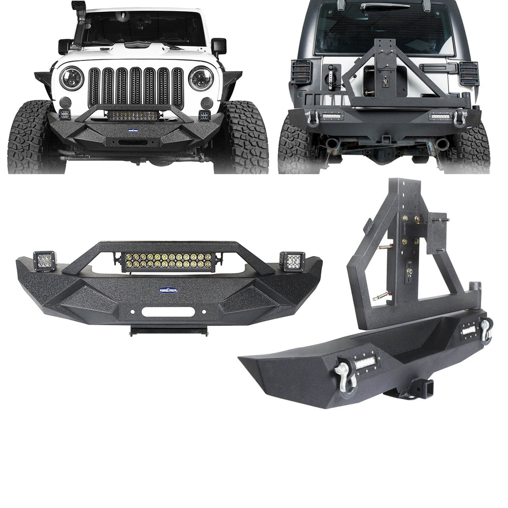 Blade Stubby Front Bumper w/ 60W Work Light Bar & Different Trail Rear Bumper w/Tire Carrier Combo(07-18 Jeep Wrangler JK JKU) - u-Box