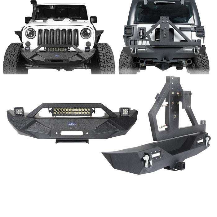 Textured Black Steel Rear Bumper With Winch Plate, 2 LED Lights & Hitch For Jeep Wrangler JK/JKU 2007-2018 – Direct Fit, Powder Coated