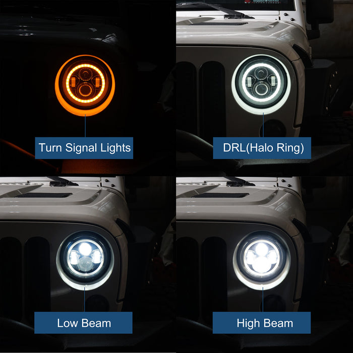 Hooke Road Jeep TJ JK 7 inch LED Headlights with White Halo Ring Angel Eyes for Jeep Wrangler TJ JK 1997-2018 mmrz010 Accessories 5
