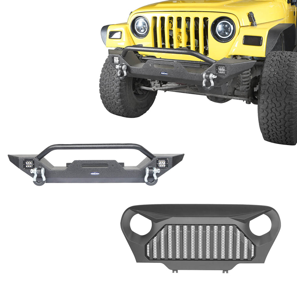 Hooke Road Jeep TJ Front Bumper and Gladiator Grille Cover Combo for Jeep Wrangler TJ 1997-2006 MMR0276BXG149 Different Trail Front Bumper u-Box Offroad 2