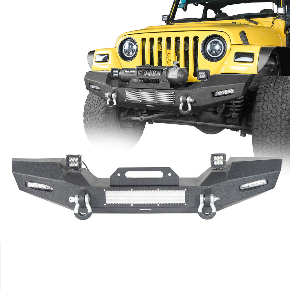 Hooke Road Jeep TJ Front Bumper with Winch Plate and LED Spotlights Climber Front Bumper for Jeep Wrangler TJ 1997-2006 BXG215 Jeep Bumpers u-Box Offroad 2