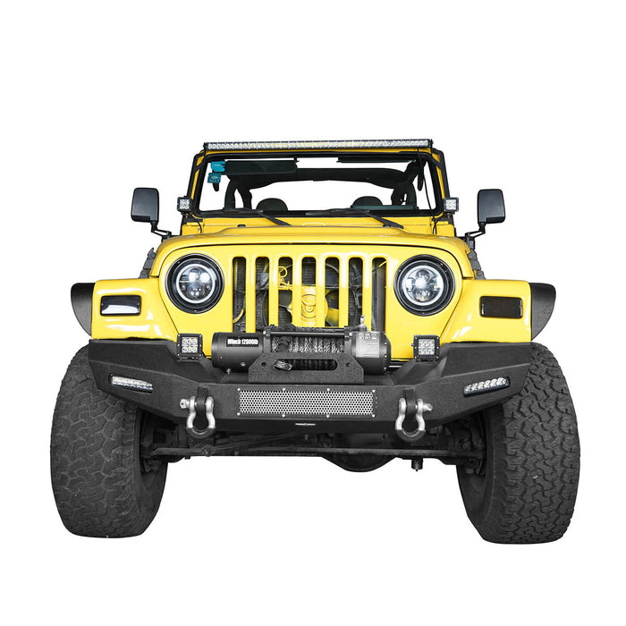 Hooke Road Jeep TJ Front Bumper with Winch Plate and LED Spotlights Climber Front Bumper for Jeep Wrangler TJ 1997-2006 BXG215 Jeep Bumpers u-Box Offroad 4